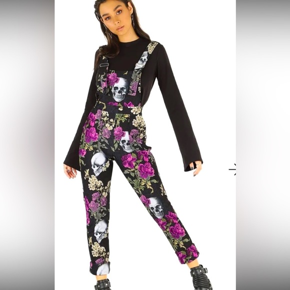 Blackmilk Pants - NWT Blackmilk Skull Bouquet Overalls XL